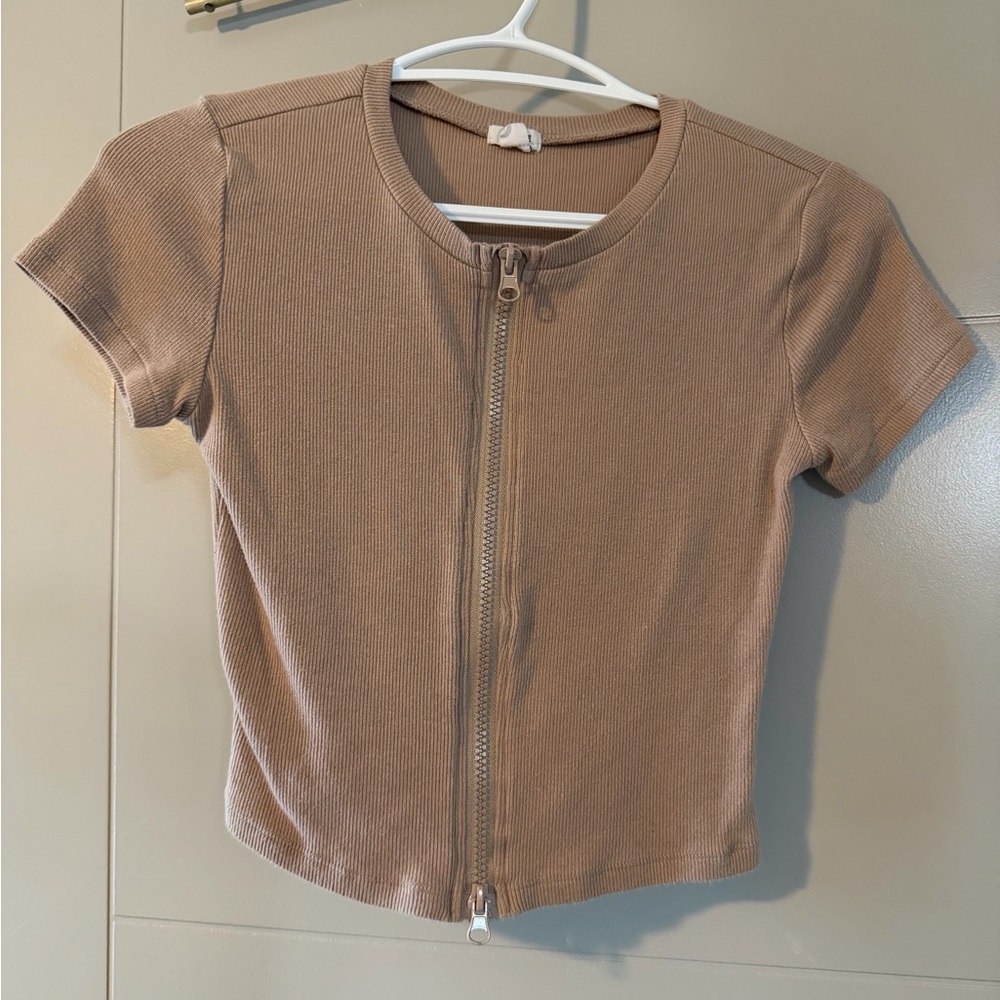 Garage S Beige Ribbed Duel Zip Crop Top